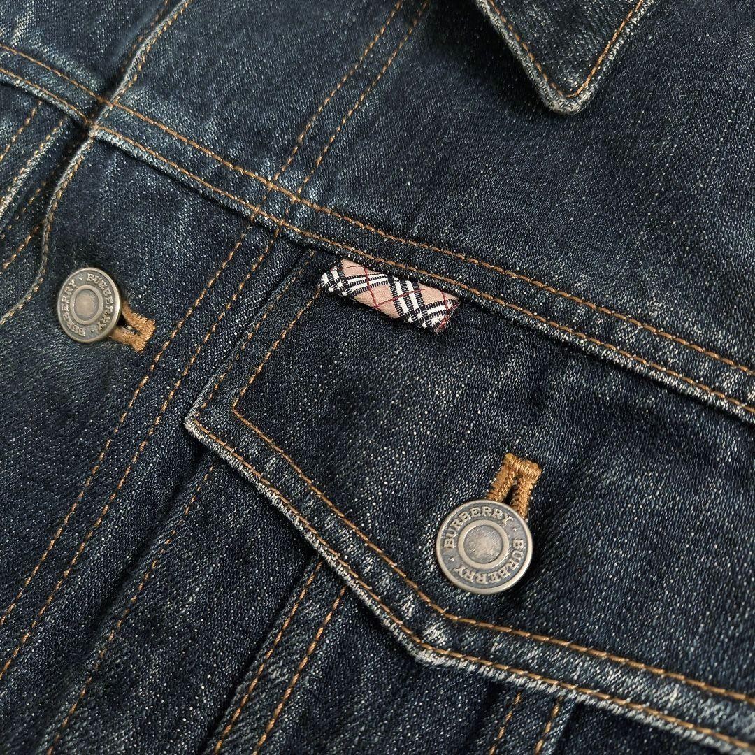 BURBERRY LONDON Denim Jacket Men Vintage Indigo Nova Check Leather
