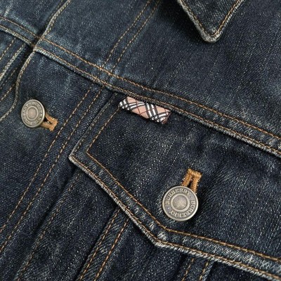 BURBERRY LONDON Denim Jacket Men Vintage Indigo Nova Check Leather
