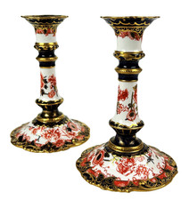 Royal Crown Derby - Fine Pair Antique 2649 Pattern Imari Candlesticks- Rare Mint