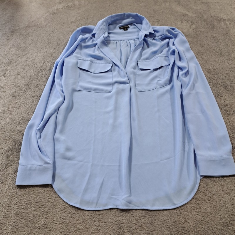 Ann Taylor Shirt Top Women's XS Blue Stretch Chest Double Pockets V Neck