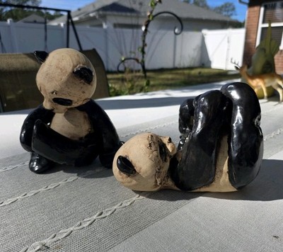 VTG Handmade Playful Panda Figurines Pair Signed Dated 1987 Folk Art Book Ends