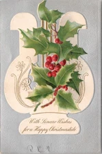 VIintage 1905-Happy  Christmastide Postcard- Holly Branch Decorating A Lyre
