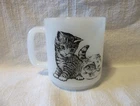 Vintage Glasbake Milk Glass Cup Mug with Cat Kitty Kitten & Fishbowl