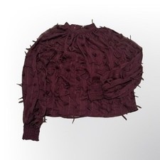 Zara Women's XS Blouse Top Burgundy Faux Feather Sheer Long Sleeve Party