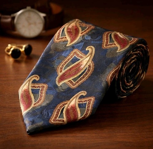 Bachrach Silk Tie Made in Italy Navy Blue Paisley Burgundy Gold Luxury Trad 3.5”