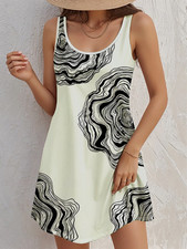 Women's Sleeveless A-Line Sundress – Black & White Abstract Prin