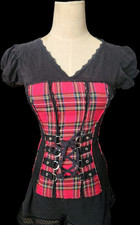 Tripp Nyc Redblack Plaid Boned Corset Top Womens S Zip Closure Lace Eyelets