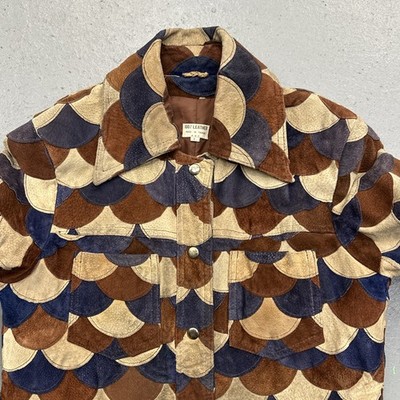 Vintage 70s Fishscale Leather Jacket Womens Medium Suede Patchwork Button READ