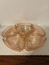 VINTAGE PINK DEPRESSION GLASS RIBBED 6 PC. LAZY SUSAN CHIP AND DIP SET 11-½"