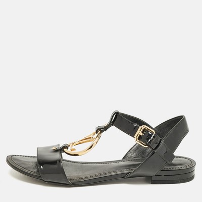 【希少】LOUIS VUITTON Patent Leather Sandals レザー サンダル Louis Vuitton Black Patent Leather LV Logo Slingback Flat