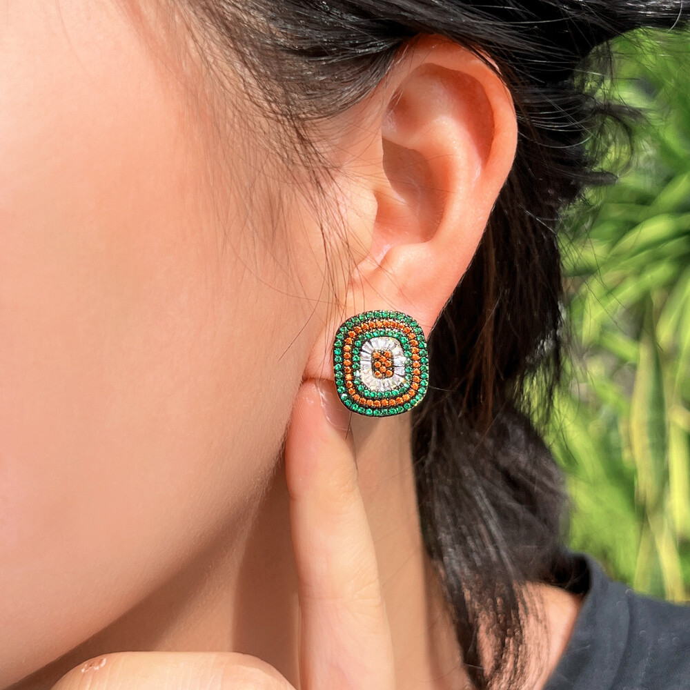 Ladies Summery Black Gold Plated Cubic Zirconia Big Stud Earrings Party Jewelry