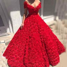 Custom Red Evening Dress Long Luxury V-Neck Off-The-Shoulder Puffy Ball Dress