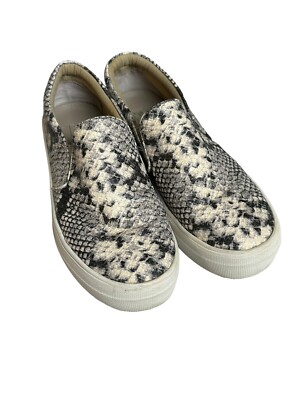 Women's Steve Madden Gills Sz 8.5M Shoes Beige Black Snakeskin Platform Sneakers
