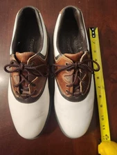 FootJoy FJ Golf Shoes Mens Sz 8.5 Leather Soft Spike White Brown Saddle EXC