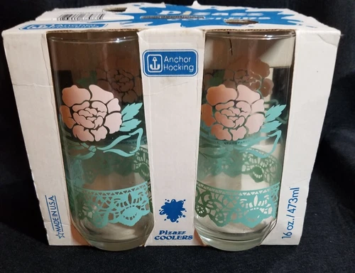 VTG Anchor Hocking  (Box of 4) Pink Floral & Lace Turquoise Tumblers 16 oz NOS