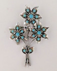 Vintage silvertone flower spray brooch with turquoise bead accents — photo 1