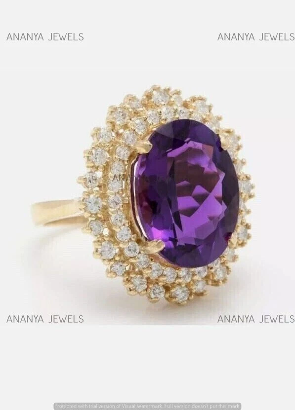4 Ct Oval Cut Lab-Created Amethyst Halo Engagement Ring 14K Yellow Gold Plated - Image 2 of 4