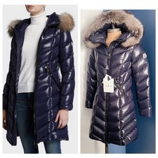 Moncler Fulmar Goose Down Hoodie Puffy Coat W Real Fox Fur Navy Size 0 - New
