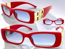 Classic Elegant Vintage Retro Style SUNGLASSES Square Thick Red Frame Blue Lens