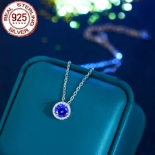 Ladies Solid Sterling 925 Silver Tanzanite Blue Pendant Necklace Costume Jewelry