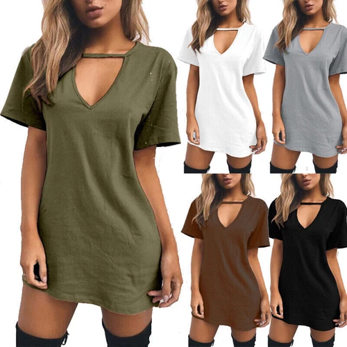 Damen T-Shirt Kleid V-Ausschnitt Sommerkleid Kurzarm Boho Strand Sommerkleid - Bild 2 von 49