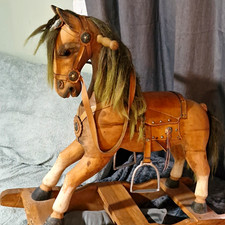 Vintage Classic Wooden Rocking Horse with Leather Tack, Saddle & Stirrups