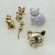 Lot of 5 Cat & Mouse Pins Gold Tone Green Rhinestone & Googley Eyes Scatter Pins