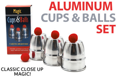 ALUMINUM CUPS & BALLS SET Table Magic Trick And Box Red Pom Close Silver Goblets