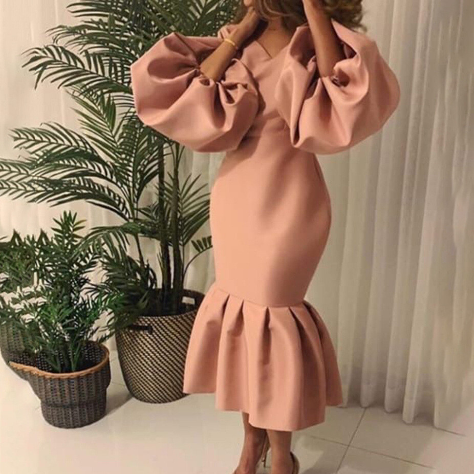 Plus-size solid V-neck long sleeve fishtail dress with bubble skirt