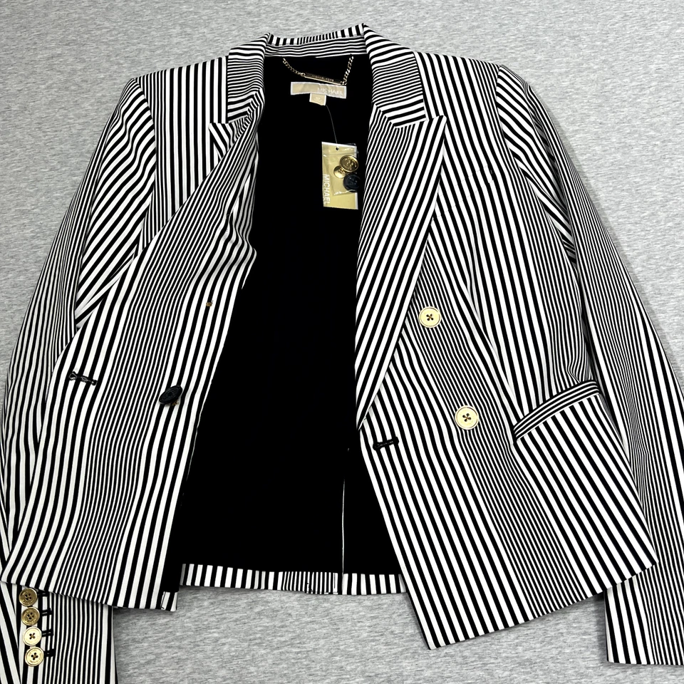 Blazer Michael Kors Mujer 10 Doble Pecho Negro Blanco Rayas Dorado Chaqueta Nuevo con Etiquetas Foto 4 de 4