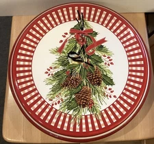 Chickadee and Pine Bough Cake Stand ,Reverse Chip and Dip Tray, Ceramic, Holiday
