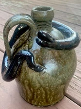VTG Folk Art Primitive Creepy Flask Pottery Snake Jug Brown Glaze Marvin Bailey