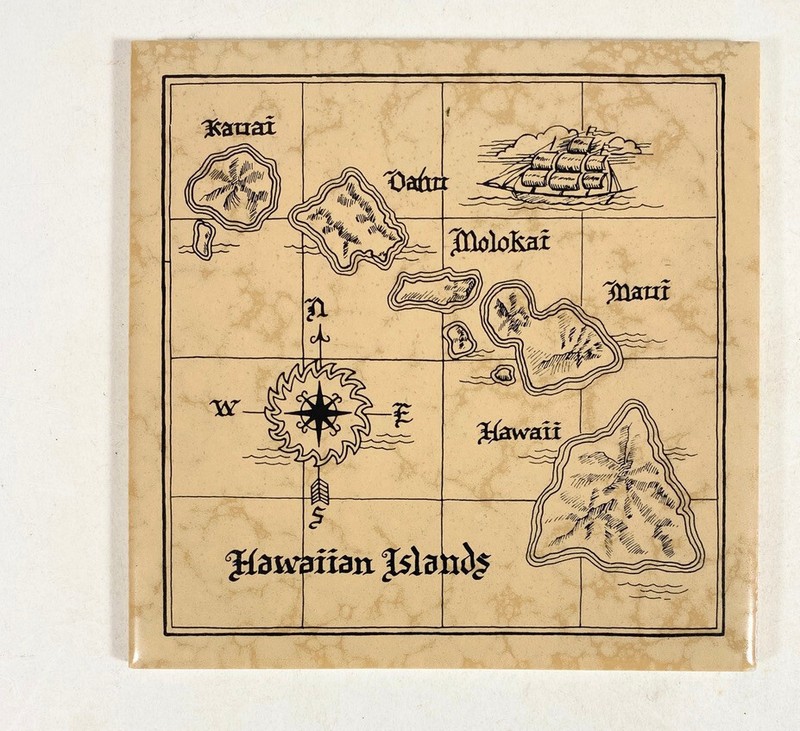 Vintage Hawaiian Island Map Ceramic Tile Pacific Ceramics Made in Maui 6"x6"