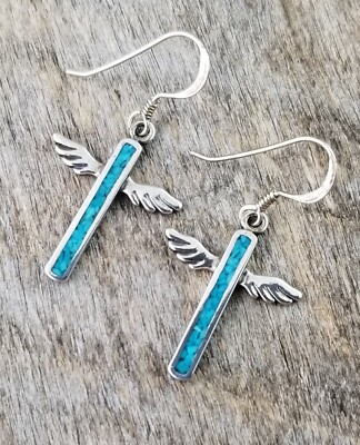 Mainland Silver Winged Cross EARRINGS inlaid chip turquoise 925 Cabelas wing