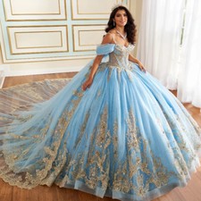 Gorgeous Blue Quinceanera Dresses Gold Lace Applique Cape Ball Gowns Sweet 15 16
