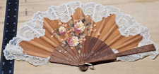 Antique Hand Painted  Wood Carved - Lace Hand Fan