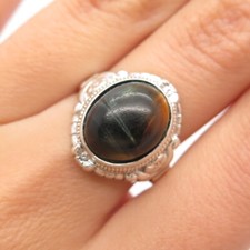925 Sterling Silver Vintage Real Tiger Eye Gemstone Ornate Ring Size 7