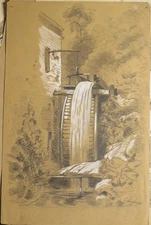 FRENCH SCHOOL NINETEENTH DRAWING PENCIL GOUACHE LANDSCAPE WATER MILL ROMANTICISM 1840