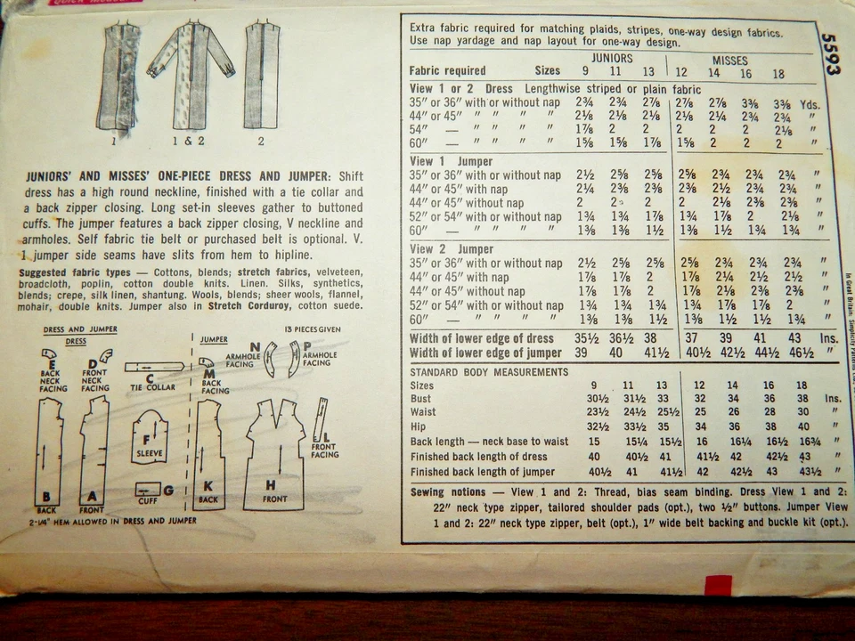 Simplicity 5593 Dress Jumper Sewing Pattern Misses 12 One piece VTG Sleeveless - Image 3 of 3