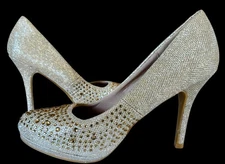 Delicacy Gold Rhinestone HolidayStilleto Round Toe Platform 4" Heel Pumps  SZ 10