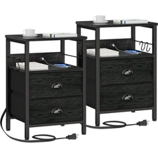 Nightstand Set of 2, Black Oak, with Charging Station and USB Ports, Side Tab...