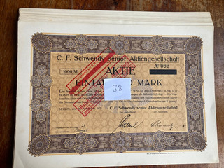 Lagerverkauf 38 C.F. Schwendy snior AG Berlin 1921 1000 Mark VF