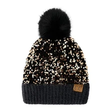 C.C Sequin Pom Acrylic Stretchable Soft Warm Knit Winter Skully Beanie