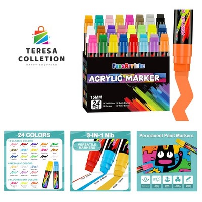 24 Color Jumbo Acrylic Paint Markers 15mm - Waterproof & Quick-Drying