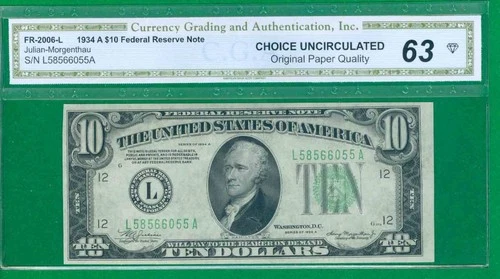 $10 1934-A 1 L/A BLOCK (w) SAN FRANCISCO CHOICE UNCIRCULATED OPQ 63