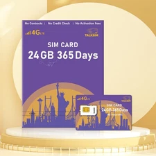 365 Days 24GB 4G LTE Data SIM - USA AT&T/Verizon Supported for Unlocked Devices