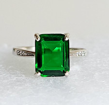 Sterling Silver Green Emerald Ring Size 7.5 3 CTTW S925 Emerald Cut