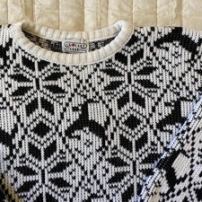 Vintage Croquet Club Sweater Mens Medium Black White Snowflake Reindeer 80s