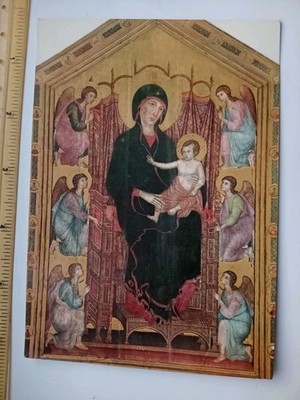 Vintage Kunst Zeichnung Gemälde Postkarte Firenze Galleria Uffizien Madonna Trono 1300