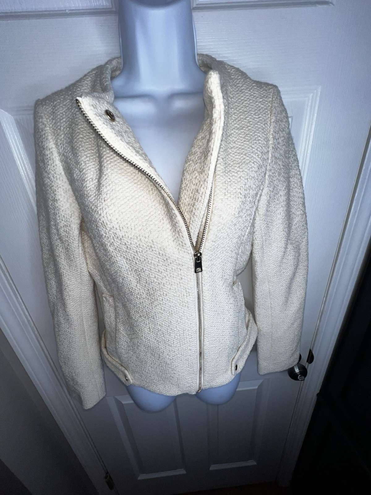 H&M Women’s US 4 Cream Cotton Tweed Zip Moto Biker Jacket Blazer Career EUR 34 thumbnail 4